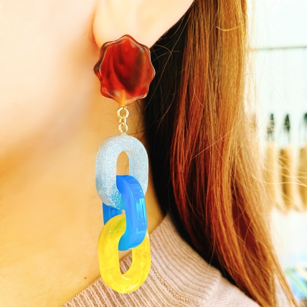 O/OVAL / ピアス CHAIN EARRINGS【ER-036】YELLOW MIX 金属アレルギー対応